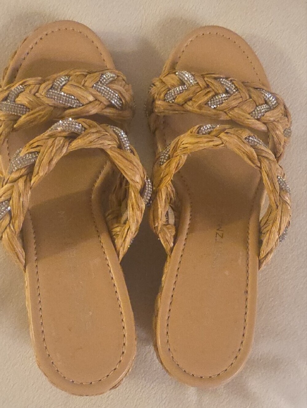 Stuart Weitzman LANA Natural Braided Raffia Wedge Sandals with Crystal Accents 8 - Picture 6 of 16